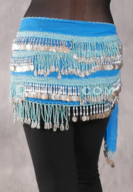 Egyptian Beaded Fringe Coin Hip Scarf - Turquoise and Silver