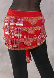 Egyptian Beaded Pyramid Fringe Coin Hip Scarf - Red, Gold and Pink
