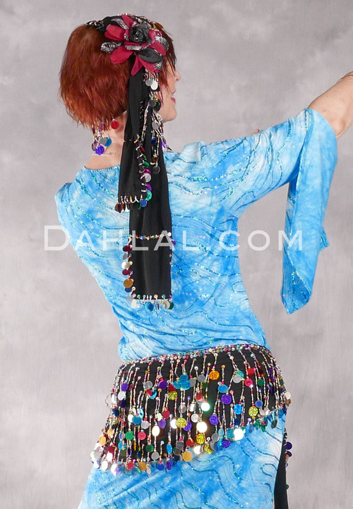Paillette and Beaded Fringe Head and Hip Scarf Set- Black with Multi-Color
