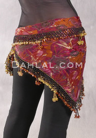 DYNASTY Wide Row Beaded Hip Scarf - Wine and Copper Botanical Print with Gold and Amber Iris
