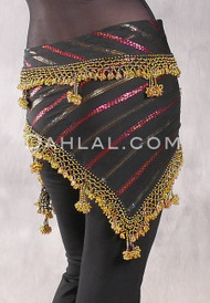 DYNASTY Wide Row Beaded Hip Scarf - Black with Multi-color Metallic Stripes and Gold