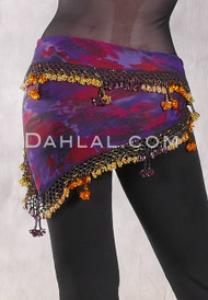 DYNASTY Wide Row Beaded Hip Scarf - Red and Purple Graphic Print with Gold, Goldenrod and Amethyst