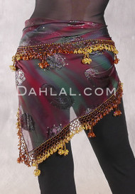 DYNASTY Wide Row Beaded Hip Scarf - Wine and Forest Green Paisley with Amber Iris and Metallic Gold