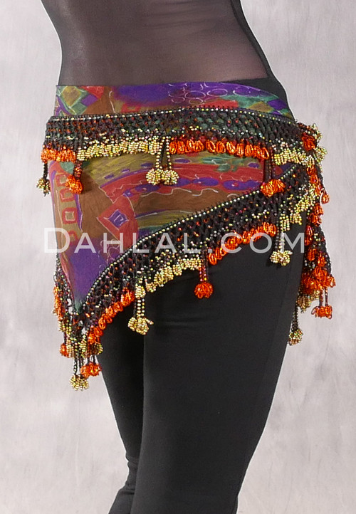 DYNASTY Wide Row Beaded Hip Scarf - Multi-color Graphic Print with Orange and Metallic Gold