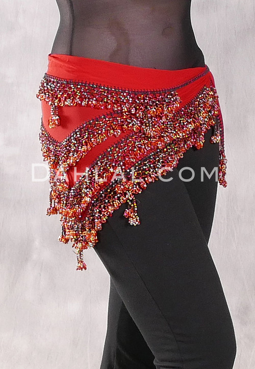 DYNASTY Wide Row Beaded Hip Scarf - Red with Red, Silver and Orange