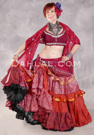 MOON FLOWER 25 Yard Silk Printed Ruched Skirt - Red, Orange, Black, Light Rose and Gold