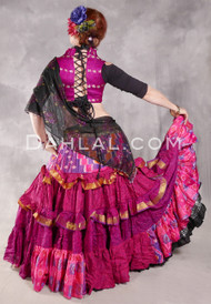 MOON FLOWER 25 Yard Silk Printed Ruched Skirt - Fuchsia, Magenta, Pink, Purple and Gold