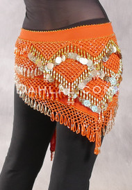 GRAND PYRAMID Egyptian Bead and Coin Hip Scarf - Orange and Gold