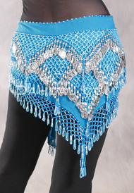 GRAND PYRAMID Egyptian Bead and Coin Hip Scarf - Turquoise and Silver