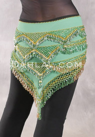  Egyptian Deep V Beaded Hip Wrap With Teardrop Beads - Green and Gold