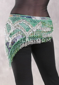  Egyptian Deep V Beaded Hip Wrap With Teardrop Beads - Graphic Print with Green Iris and Silver