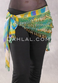Egyptian Deep V Beaded Hip Wrap With Teardrop Beads - Graphic Print with Green Iris and Gold