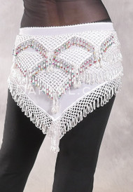 Egyptian Deep V Beaded Hip Wrap With Teardrop Beads - White with Silver and Multi-color