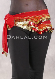 Egyptian Hip Scarf with Beads and Coins - Solid Red with Gold and Red