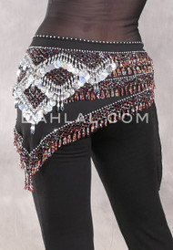 GRAND PYRAMID Egyptian Bead and Coin Hip Scarf - Black with Silver and Multi-color