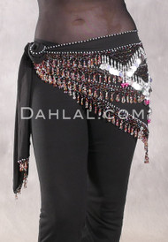 GRAND PYRAMID Egyptian Bead and Coin Hip Scarf - Black with Silver, Fuchsia and Multi-color