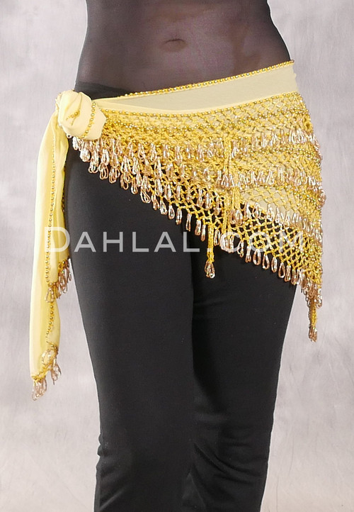 Deep "V" Beaded Loop Egyptian Hip Scarf - Yellow and Gold