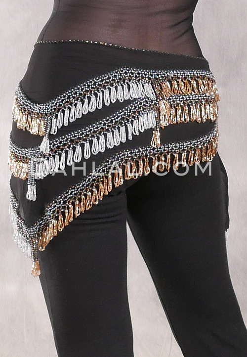 Deep "V" Beaded Loop Egyptian Hip Scarf - Black with Gold and Silver 2