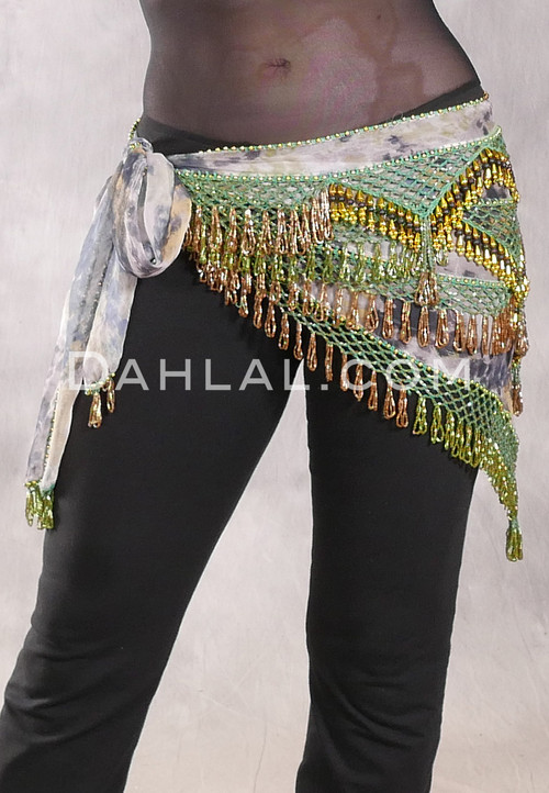 Deep "V" Beaded Loop Egyptian Hip Scarf - Graphic Print with Gold, Olive and Black