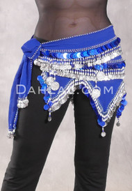 Egyptian Wave Hip Scarf with Coins and Paillettes - Royal Blue with Silver