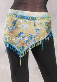  Egyptian Single Row Beaded Hip Scarf - Floral Print with Lime and Blue 