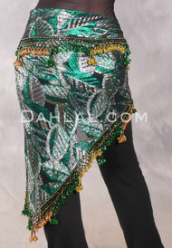 DYNASTY Wide Row Beaded Hip Scarf - Metallic Green Botanical Print with Green, Gold and Metallic Gold