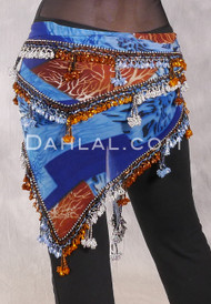 DYNASTY Wide Row Beaded Hip Scarf - Royal Blue and Copper Graphic Print with Copper, Light Blue Goldenrod and Metallic Silver