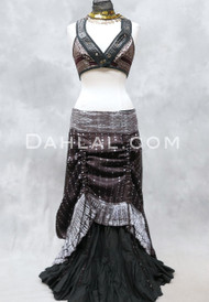 Silk Brocade Low-High Ruched Skirt - Brown and Silver