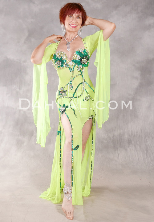 FLORAL EMBRACE Egyptian Dress - Chartreuse, Teal, White, Gold and Silver