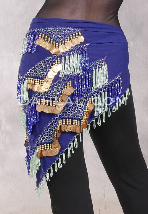 Egyptian Multi-Row Bead and Coin Hip Shawl - Royal Blue with Mint, Royal blue Iris and Gold