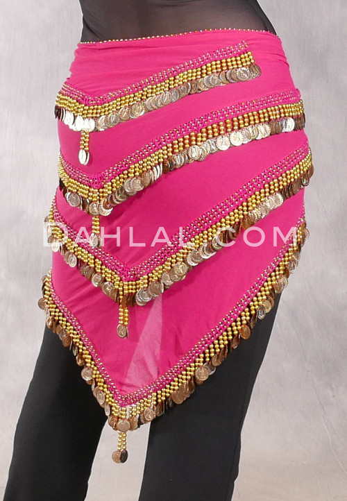 Egyptian Multi-Row Bead and Coin Hip Shawl -Fuchsia with Gold