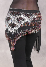 Egyptian Deep V Beaded Hip Wrap and Teardrop Beads - Black with Silver and Multi-color