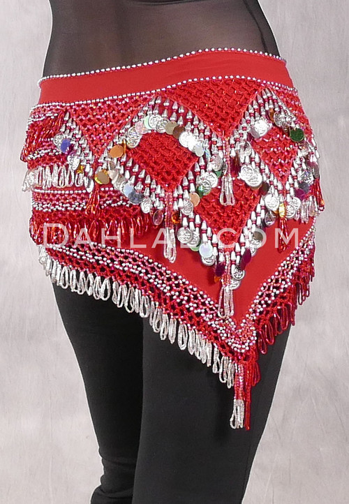 Egyptian Deep V Beaded Hip Wrap and Teardrop Beads - Red with Silver, Red and Multi-color