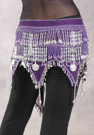 Teardrop Fringe Wave Egyptian Hip Scarf with Coins - Purple with Silver and Purple Iris