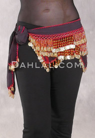 Teardrop Fringe Wave Egyptian Hip Scarf with Coins - Almost Black with Gold and Red