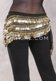 ASWAN Multi-Row Coin Hip Scarf - Black, Gold and Silver