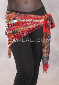 Egyptian Deep V Beaded Hip Wrap and Teardrop Beads - Floral with Gold, Red and Multi-color