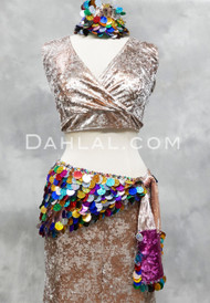 Paillette and Beaded Fringe Head and Hip Scarf Set- Champagne & Multi-Color