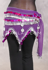 Egyptian Wave Teardrop Hip Scarf with Coins and Paillettes - Purple, Silver and Fuchsia