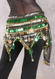 Egyptian Wave Teardrop Hip Scarf with Coins and Paillettes - Metallic Stripe with Gold and Green