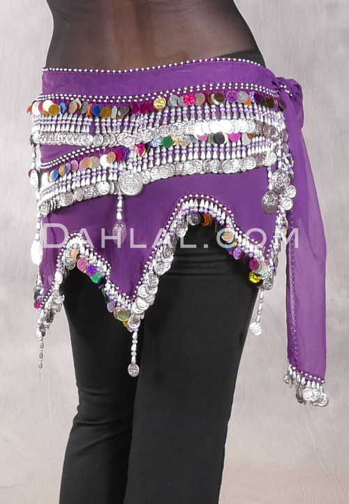 Egyptian Wave Teardrop Hip Scarf with Coins and Paillettes - Purple, Silver and Multi-color