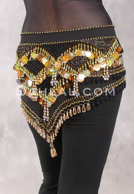 Egyptian Deep V Beaded Hip Wrap and Teardrop Beads - Black with Black and Gold