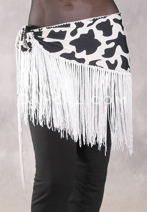 Lycra Fringe Hip Scarf - Black and White Print with White