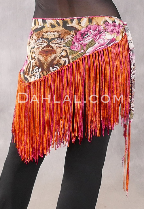 Lycra Fringe Hip Scarf - Animal Print and Floral with Red and Orange