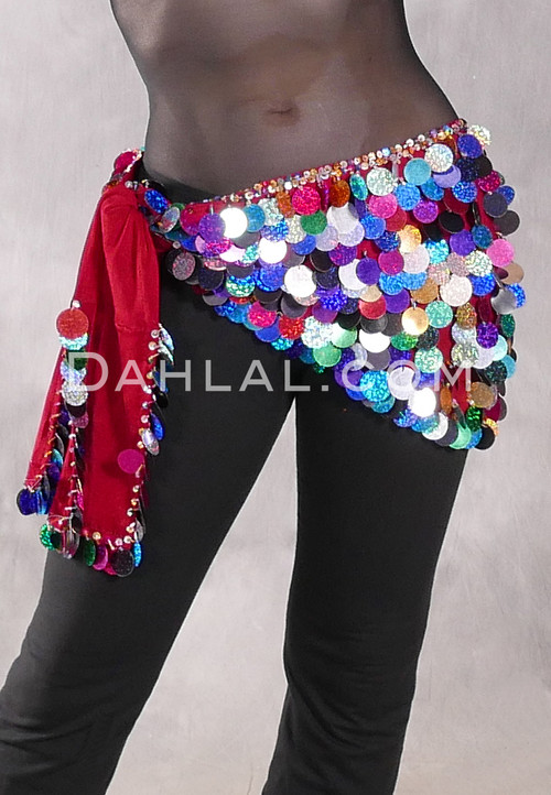 Egyptian Lycra Hip Wrap with Paillettes - Wine with Multi-color