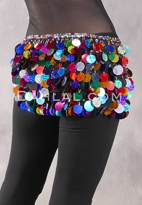 Egyptian Lycra Hip Wrap with Paillettes - Black with Multi-color