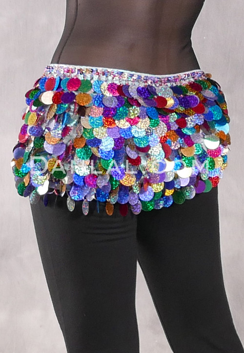 Egyptian Metallic Hip Wrap with Paillettes - Metallic Aqua with Multi-color