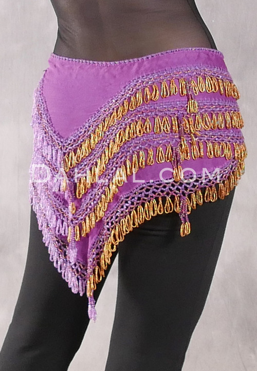 Deep "V" Beaded Loop Egyptian Hip Scarf - Dark Orchid, Gold and Orchid Iris