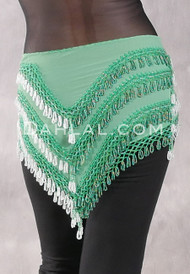 Deep "V" Beaded Loop Egyptian Hip Scarf - Green with Silver and Green Iris