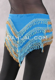 Deep "V" Beaded Loop Egyptian Hip Scarf - Turquoise with Gold and Turquoise